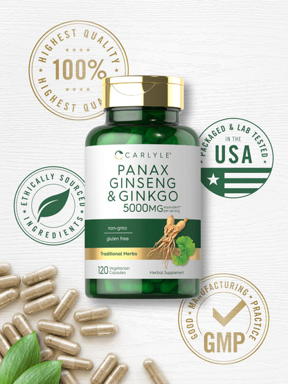 Carlyle Panax Ginseng & Ginkgo 5000mg | 120 Veg Capsules | Non-GMO & Gluten Free