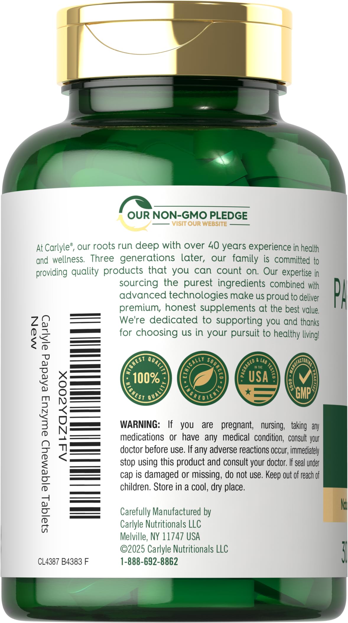 Carlyle Papaya Enzyme Chewable Tablets – Vegetarian, Non-GMO, Gluten Free