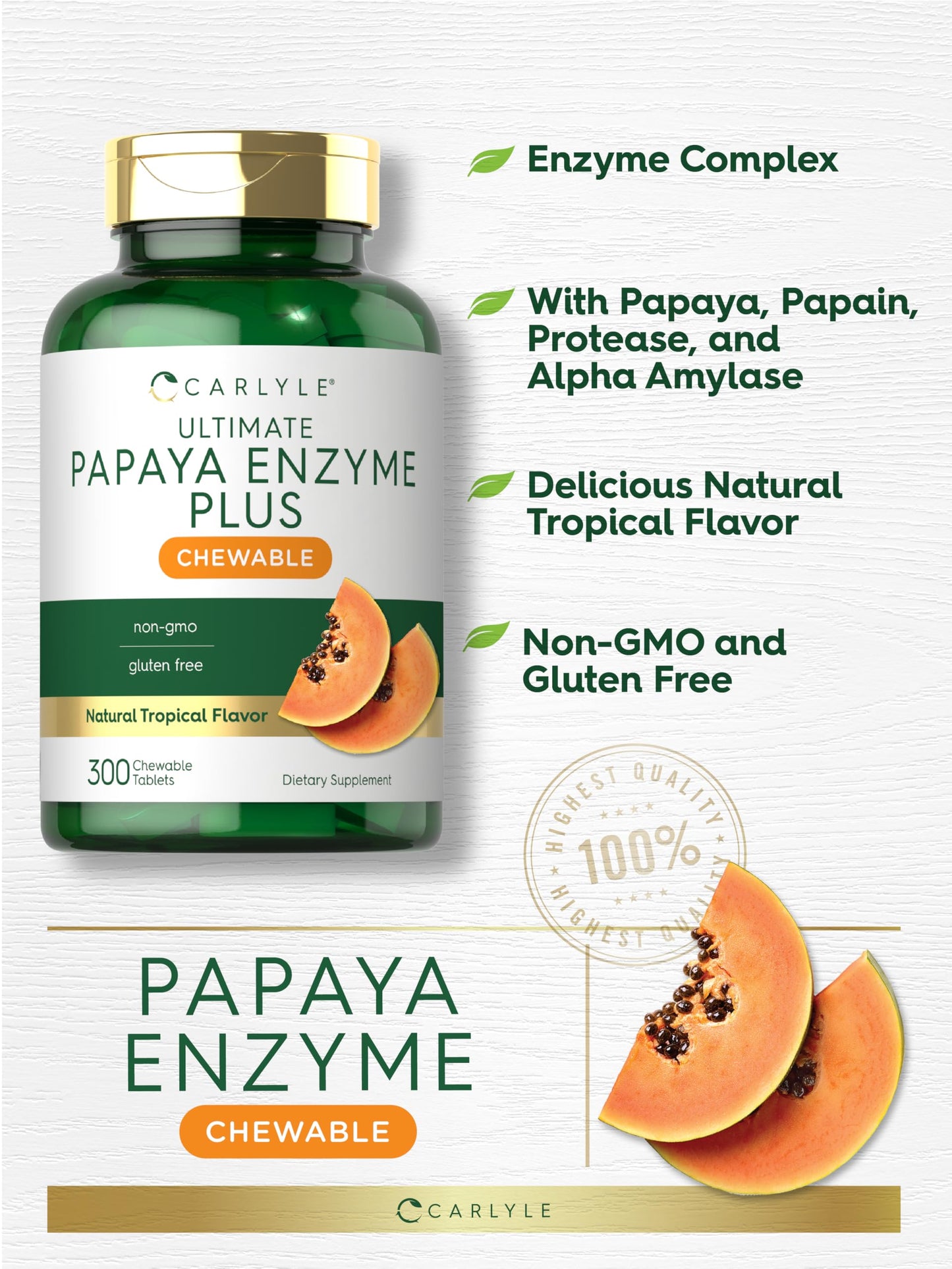 Carlyle Papaya Enzyme Chewable Tablets – Vegetarian, Non-GMO, Gluten Free