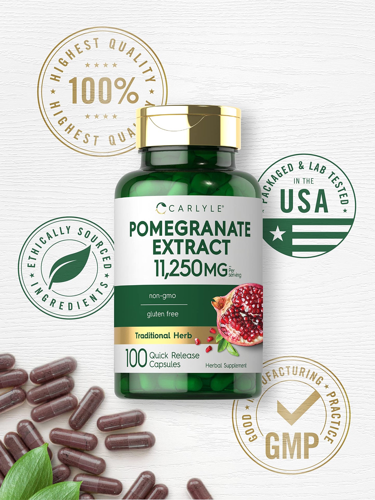 Carlyle Pomegranate Extract | 11250mg | 100 Capsules | Non-GMO, Gluten Free Supplement | Traditional Herb