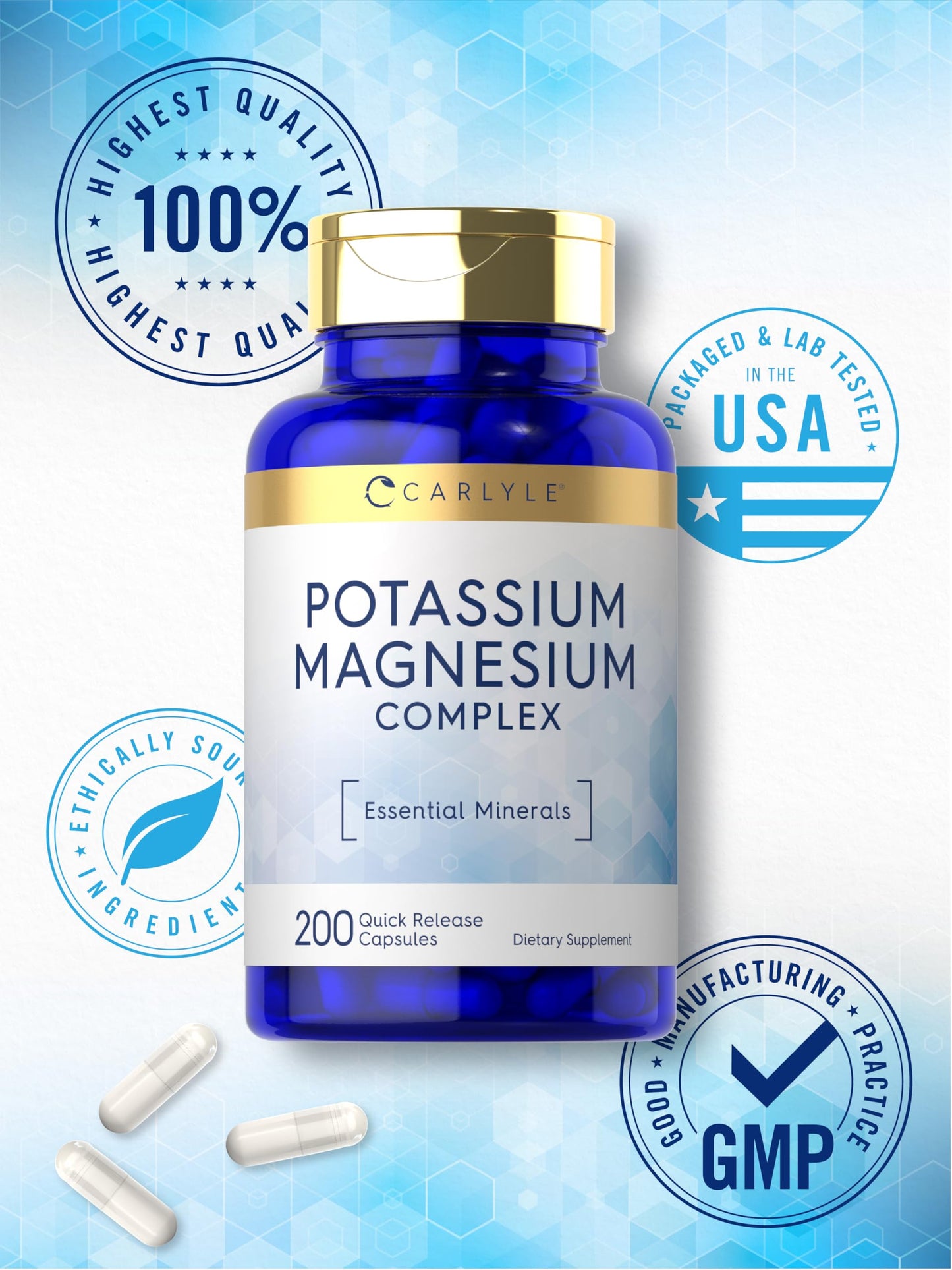 Carlyle Potassium Magnesium Supplement | 200 Count | Non-GMO & Gluten Free Complex