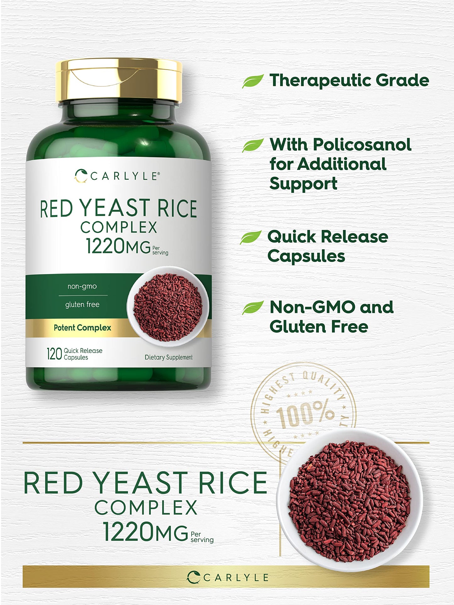 Carlyle Red Yeast Rice Complex 1220mg | 120 Caps | Policosanol | Non-GMO