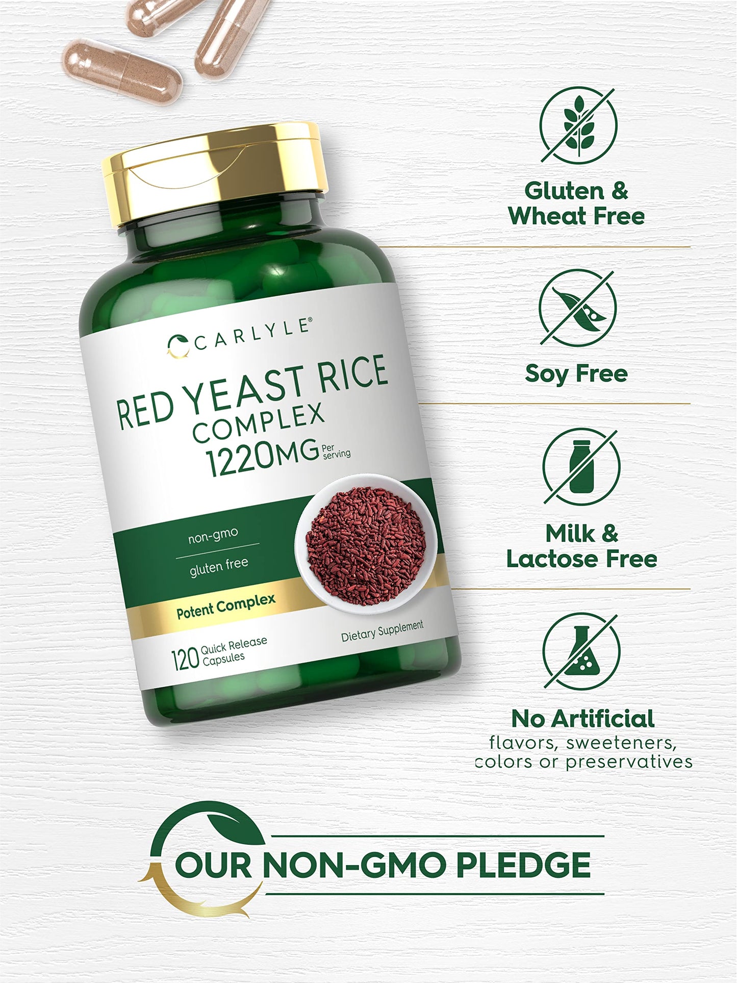 Carlyle Red Yeast Rice Complex 1220mg | 120 Caps | Policosanol | Non-GMO