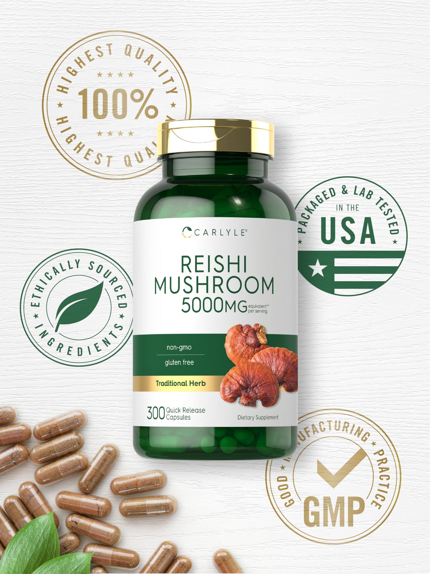 Carlyle Reishi Mushroom 5000mg | 300 Capsules | Non-GMO, Gluten Free