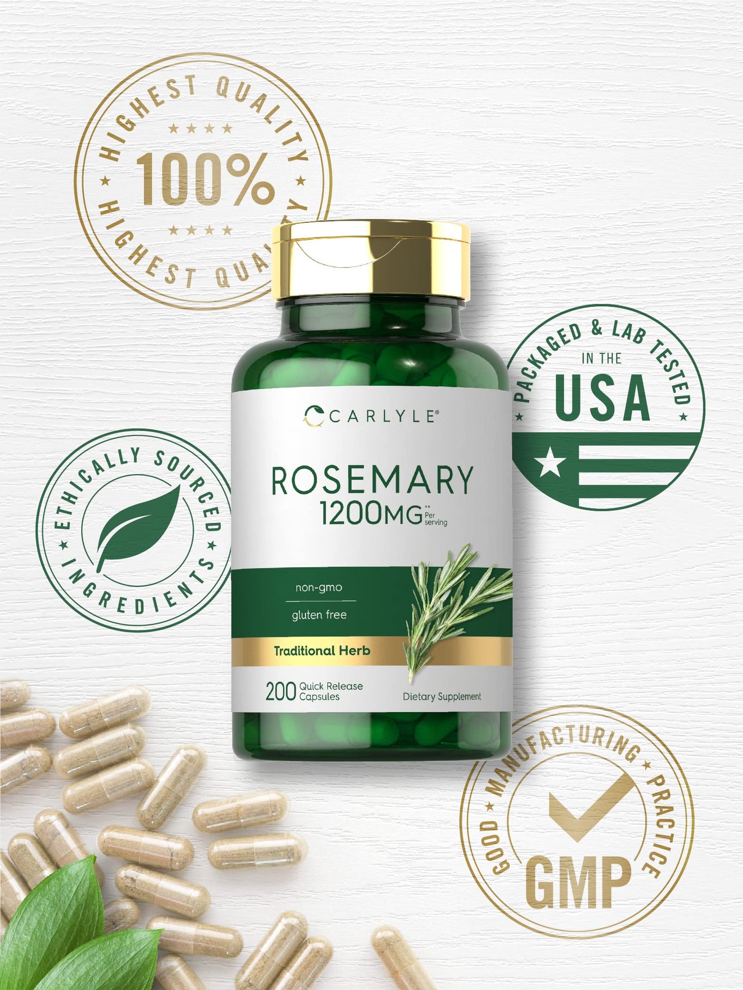 Carlyle Rosemary Capsules 1200mg | 200 Count | Non-GMO & Gluten-Free Extract