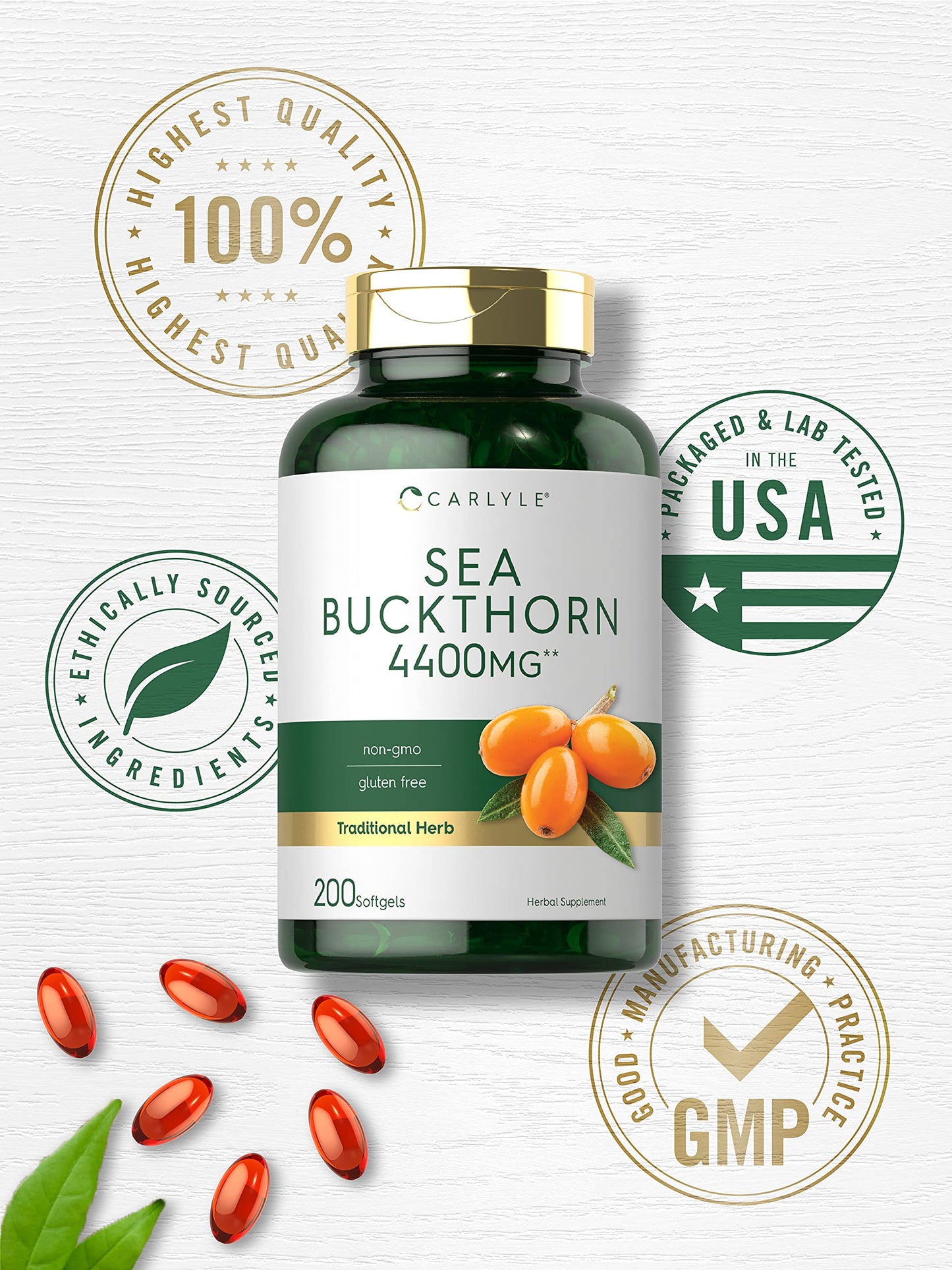 Carlyle Sea Buckthorn Oil Capsules 4400mg – 200 Softgels | Non-GMO, Gluten Free