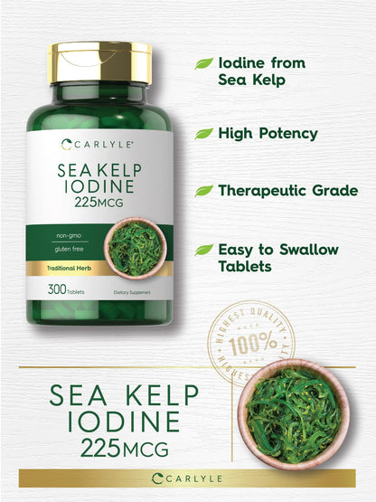 Carlyle Sea Kelp Iodine Supplement | 225mcg | 300 Tablets | Non-GMO, Gluten Free | Traditional Herb Supplement