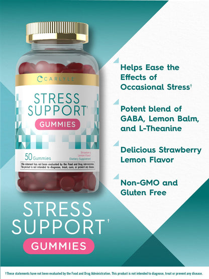 Carlyle Stress Support Gummies – 50 Count | GABA & L-Theanine | Strawberry Lemon | Non-GMO & Gluten Free