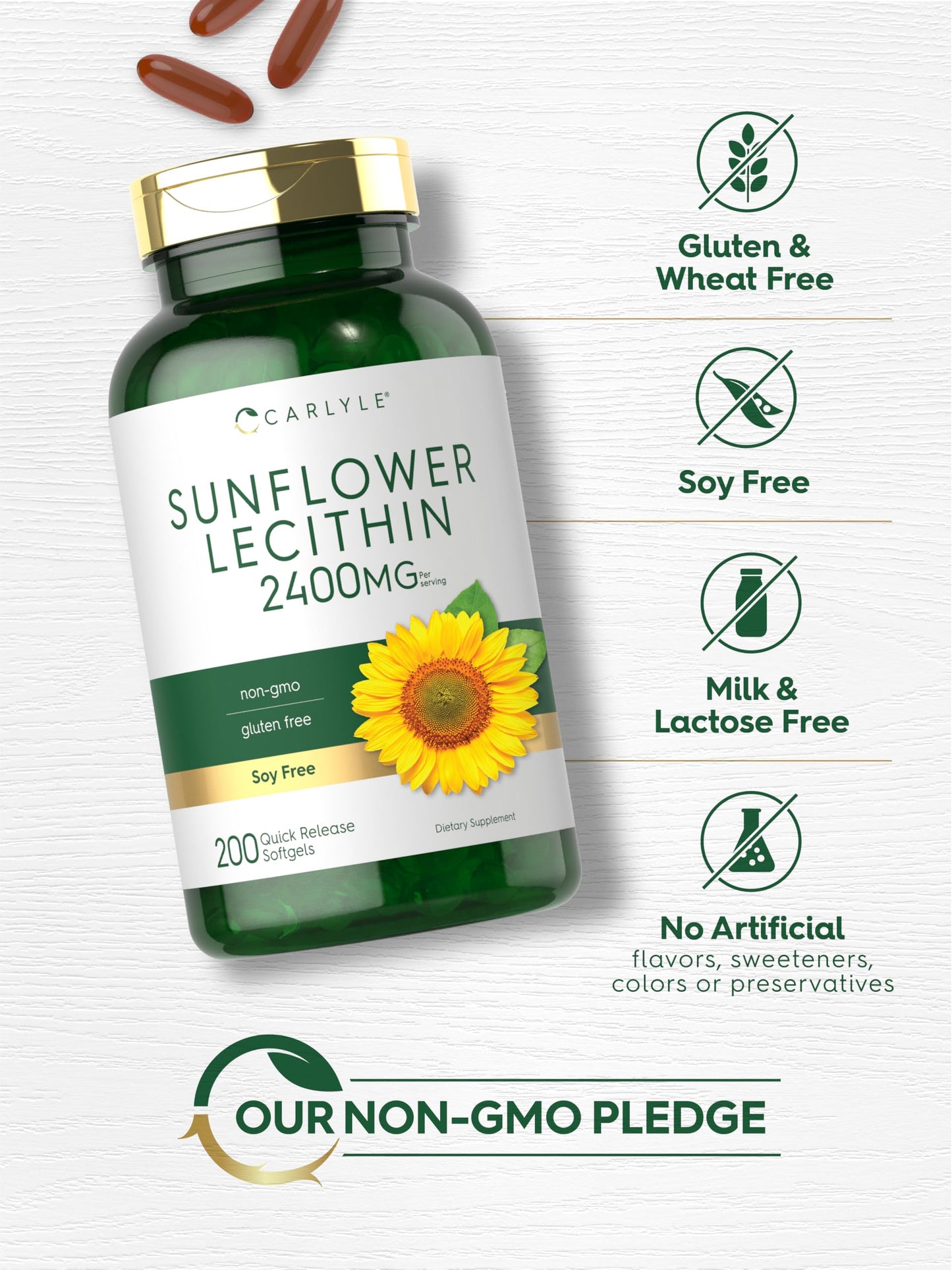 Carlyle Sunflower Lecithin Softgel Capsules 2400mg | 200 Count | Non-GMO, Soy Free, Gluten Free