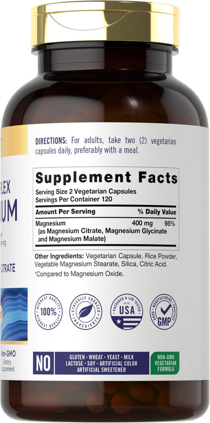 Carlyle Triple Magnesium Complex – 400 mg, 240 Capsules | Mg Malate, Glycinate & Citrate | Vegetarian, Non-GMO, Gluten Free