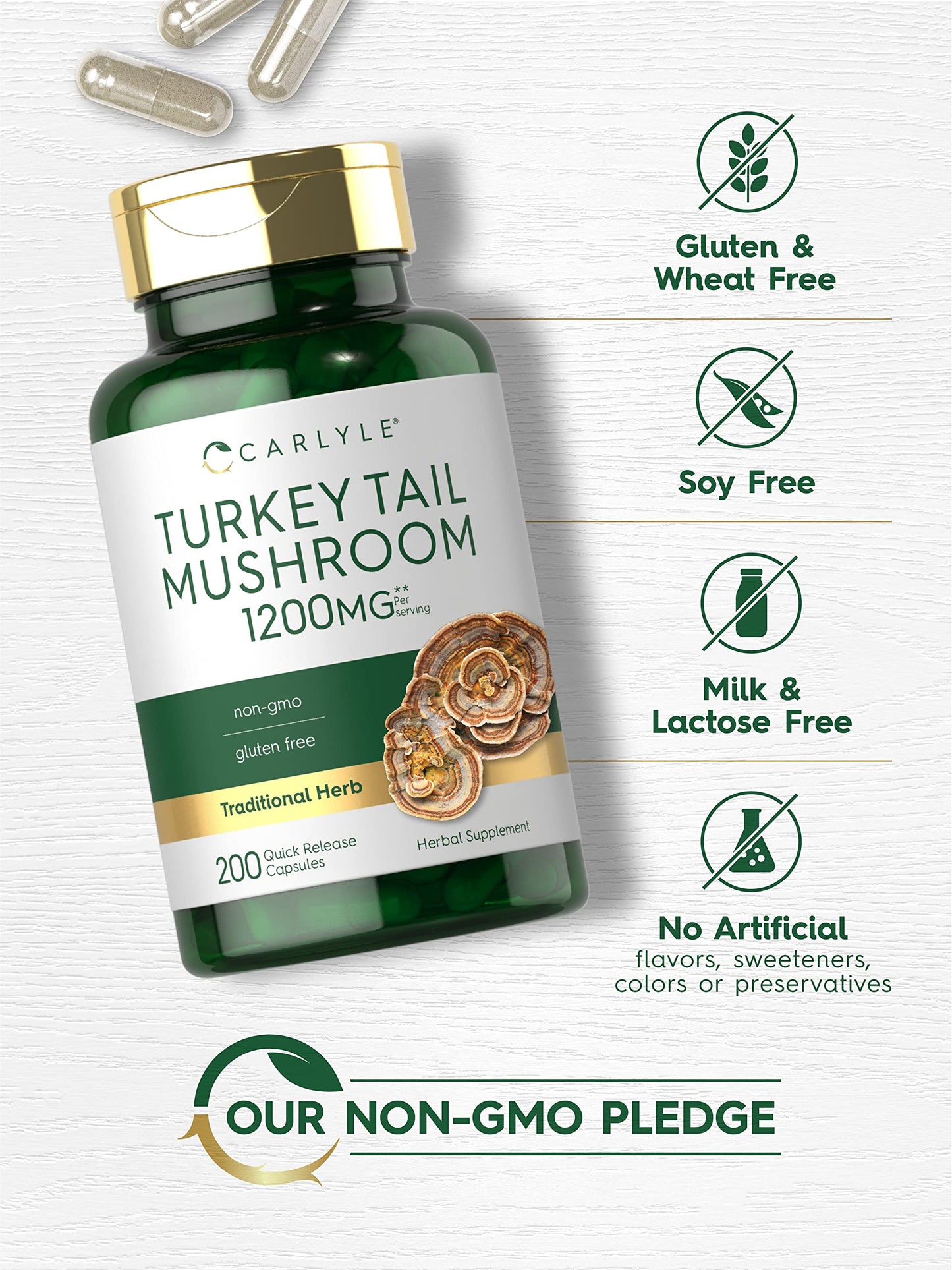 Carlyle Turkey Tail Mushroom Capsules - 1200mg, 200 Count | Non-GMO & Gluten Free
