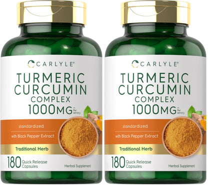 Carlyle Turmeric Curcumin with Black Pepper 1000mg - 180 Capsules | Non-GMO, Gluten Free (Pack of 2)