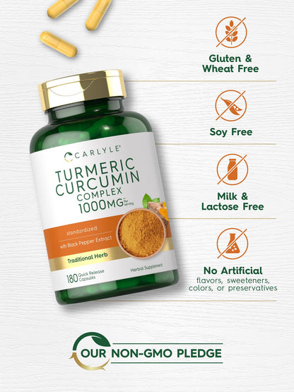 Carlyle Turmeric Curcumin with Black Pepper 1000mg - 180 Capsules | Non-GMO, Gluten Free (Pack of 2)