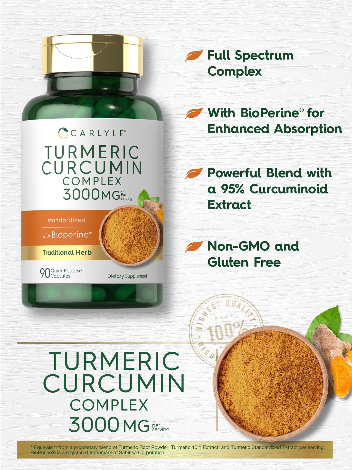 Carlyle Turmeric Curcumin 3000mg with Bioperine – 90 Capsules (Pack of 2) | Non-GMO, Gluten Free
