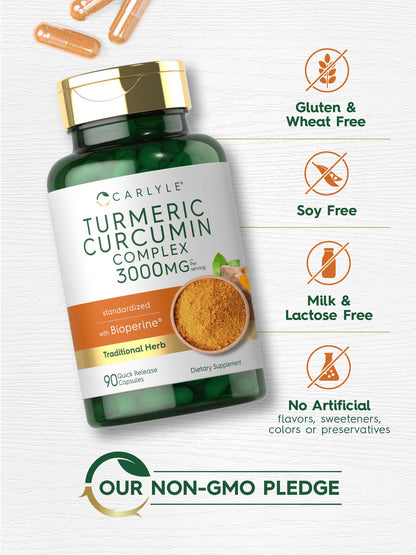 Carlyle Turmeric Curcumin 3000mg with Bioperine – 90 Capsules | Non-GMO, Gluten Free