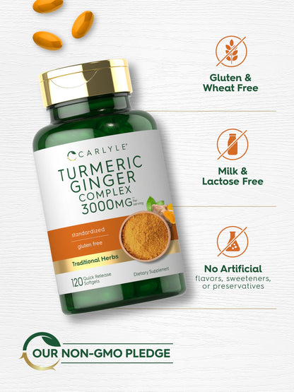 Carlyle Turmeric & Ginger Supplement 3000 mg - 120 Softgels | Turmeric Curcumin Complex + Black Pepper (Non-GMO, Gluten Free)