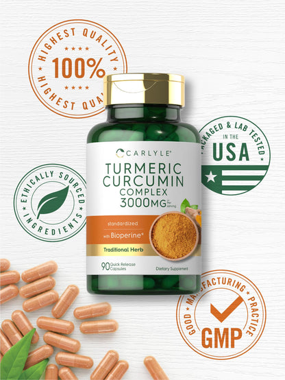 Carlyle Turmeric Curcumin 3000mg with Bioperine – 90 Capsules | Non-GMO, Gluten Free