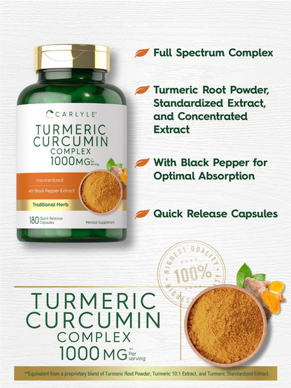Carlyle Turmeric Curcumin with Black Pepper 1000mg - 180 Capsules | Non-GMO, Gluten Free (Pack of 2)