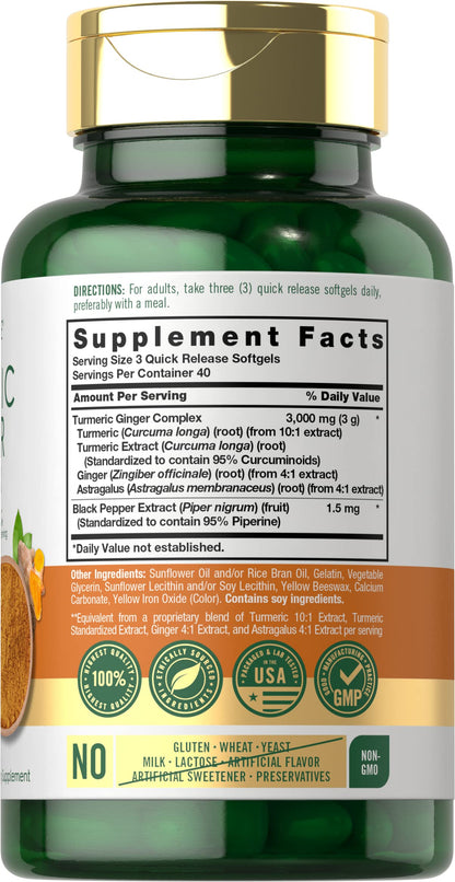 Carlyle Turmeric & Ginger Supplement 3000 mg - 120 Softgels | Turmeric Curcumin Complex + Black Pepper (Non-GMO, Gluten Free)