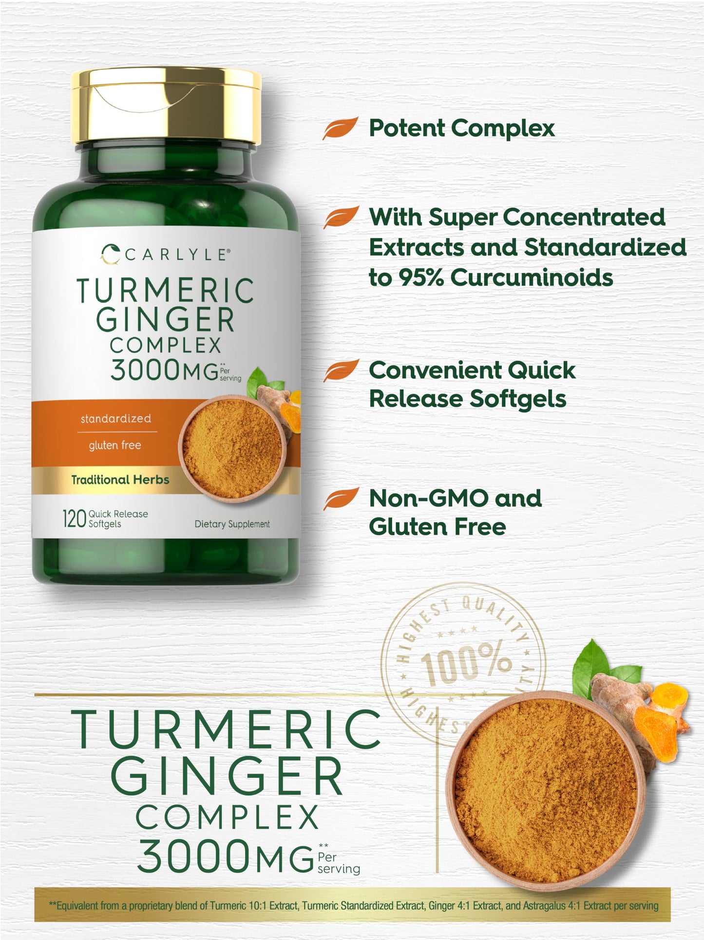 Carlyle Turmeric & Ginger Supplement 3000 mg - 120 Softgels | Turmeric Curcumin Complex + Black Pepper (Non-GMO, Gluten Free)