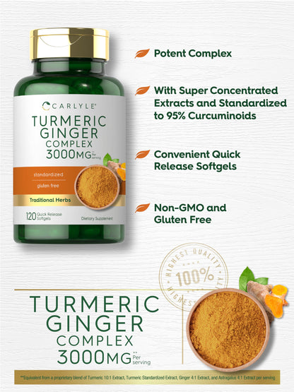 Carlyle Turmeric & Ginger Supplement 3000 mg - 120 Softgels | Turmeric Curcumin Complex + Black Pepper (Non-GMO, Gluten Free)