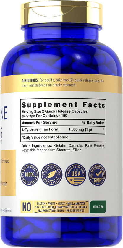 Carlyle Tyrosine Capsules 1000mg – 300 Ct | Therapeutic Grade | Gluten Free, Non-GMO