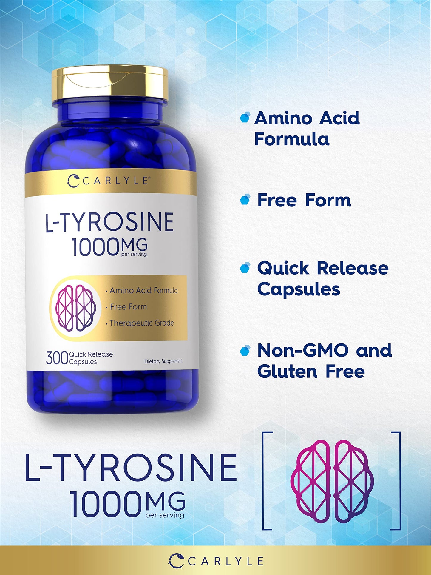 Carlyle Tyrosine Capsules 1000mg – 300 Ct | Therapeutic Grade | Gluten Free, Non-GMO