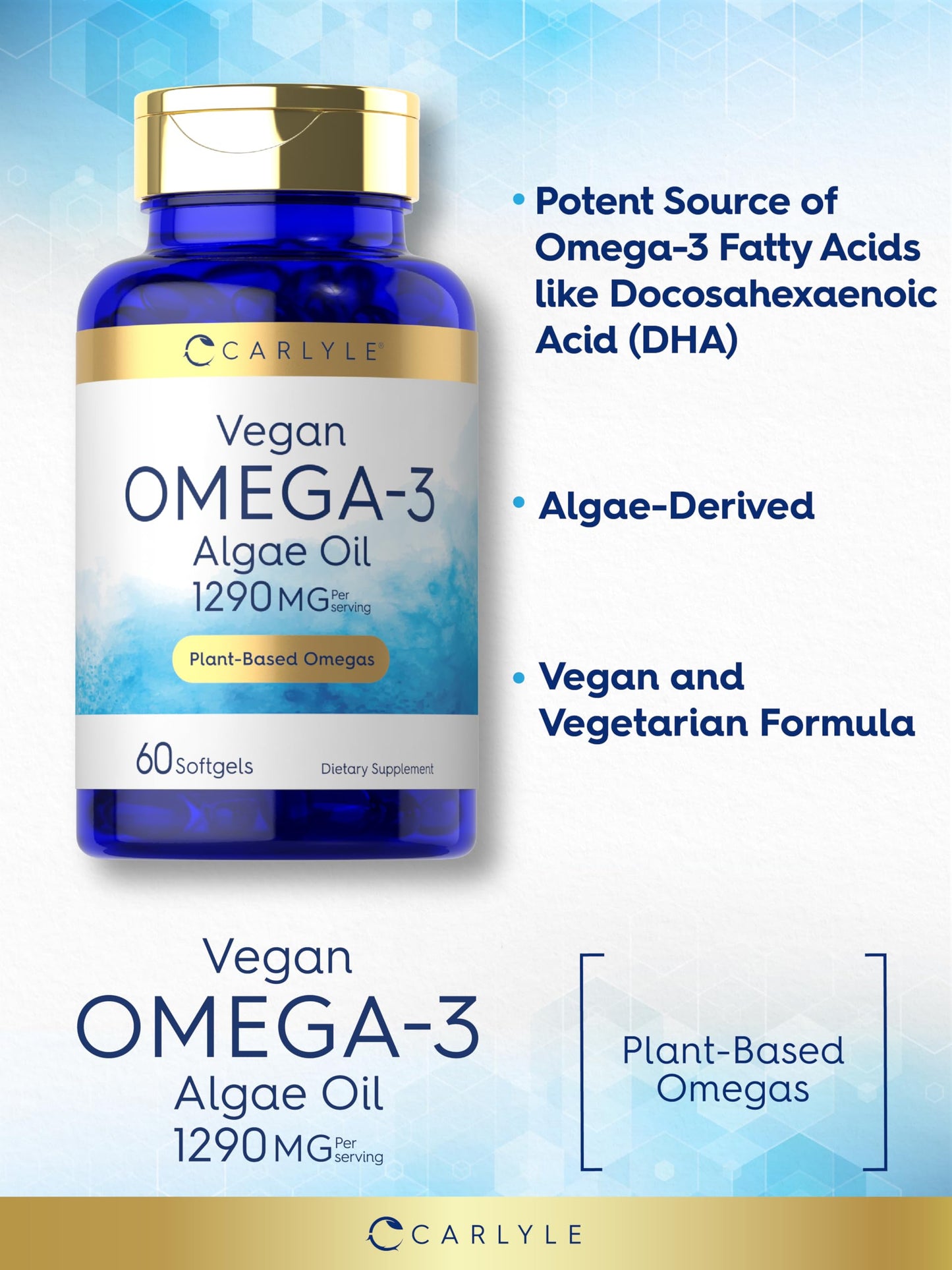 Carlyle Vegan Omega-3 Supplement – 1290 mg, 60 Softgels, Plant-Based from Algae Oil