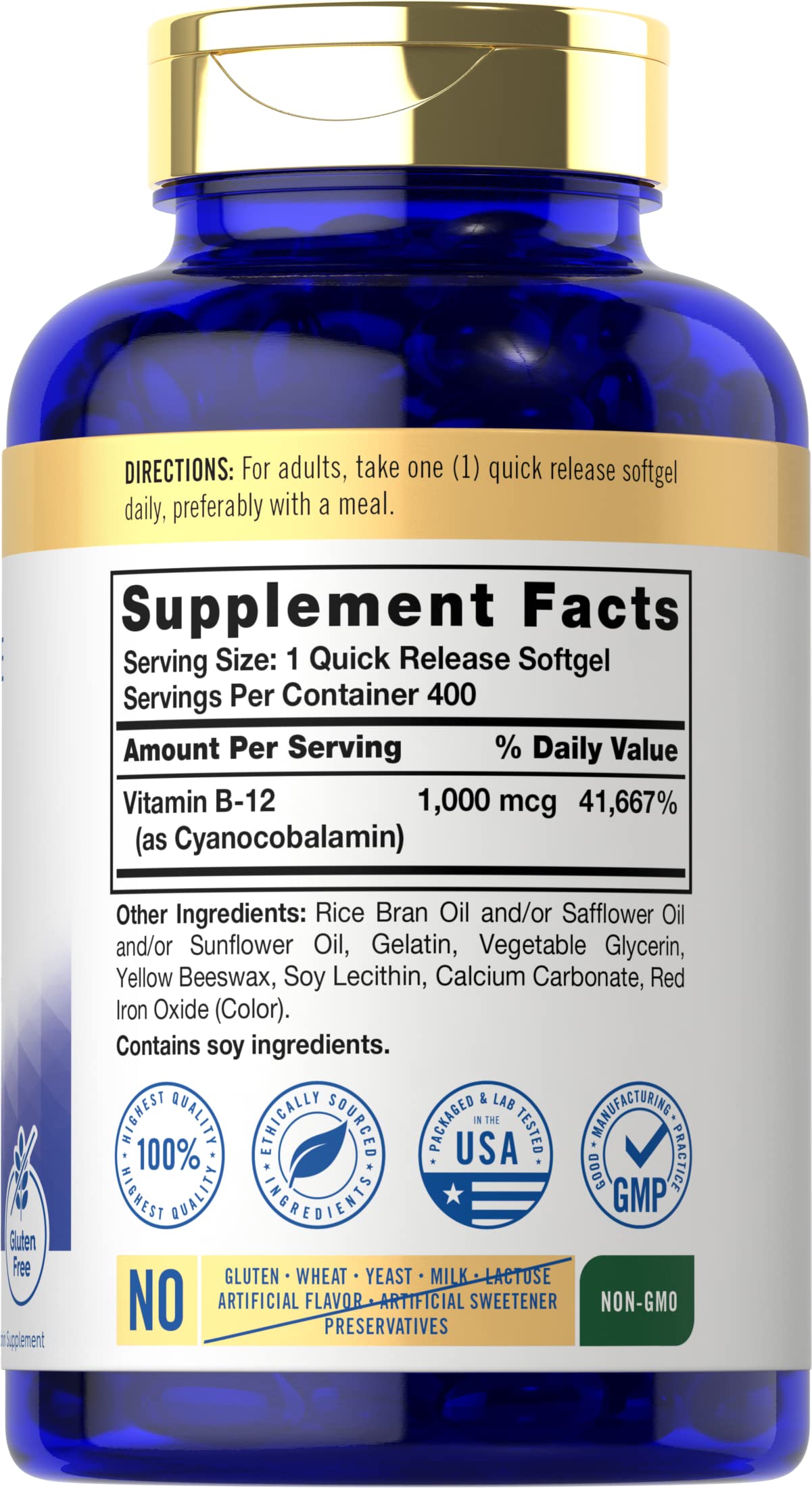 Carlyle Vitamin B12 1000 mcg Absorbable | 400 Softgels | Non-GMO, Gluten Free