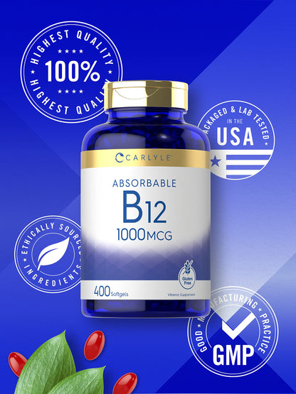 Carlyle Vitamin B12 1000 mcg Absorbable | 400 Softgels | Non-GMO, Gluten Free