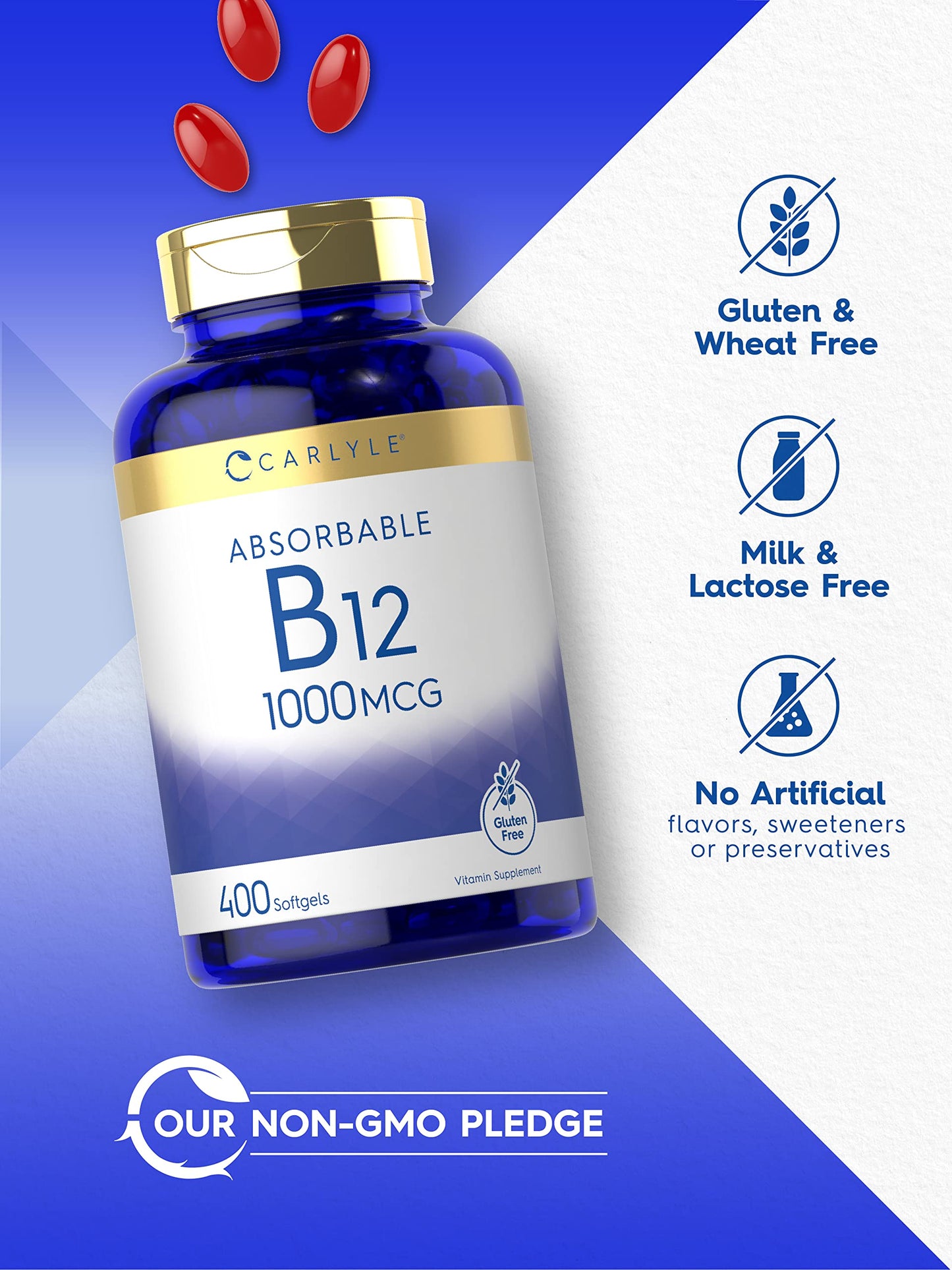 Carlyle Vitamin B12 1000 mcg Absorbable | 400 Softgels | Non-GMO, Gluten Free