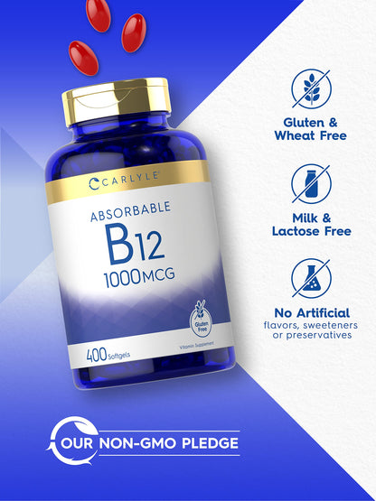 Carlyle Vitamin B12 1000 mcg Absorbable | 400 Softgels | Non-GMO, Gluten Free