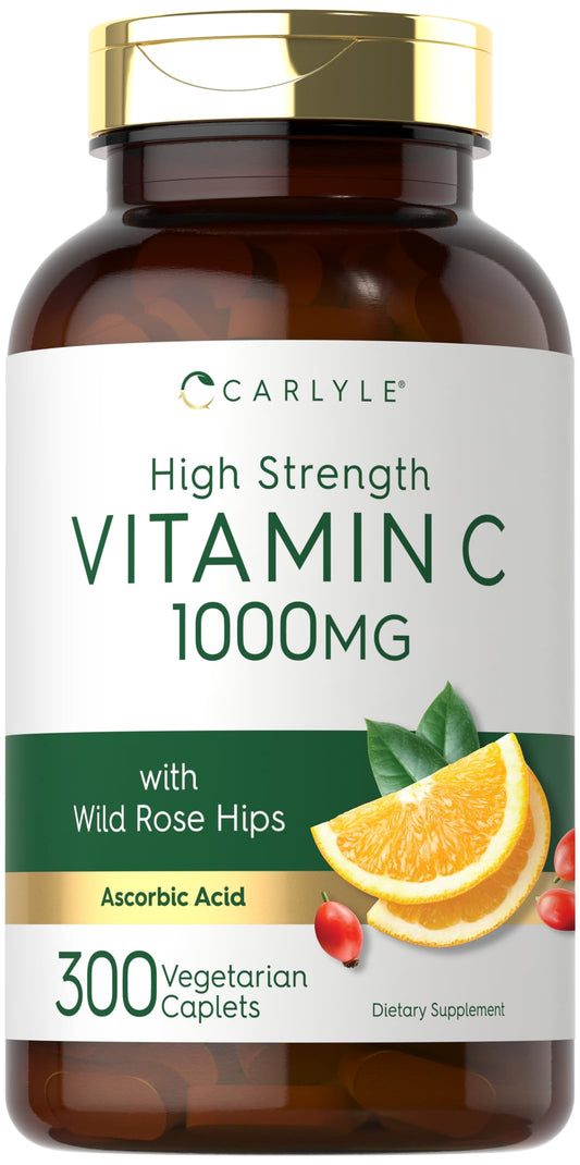 Carlyle Vitamin C 1000mg | 300 Vegetarian Caplets | Ascorbic Acid with Wild Rose HIPS | High Strength Formula | Non-GMO and Gluten Free Supplement BritishVita | Premium UK Vitamins & Wellness Supplements
