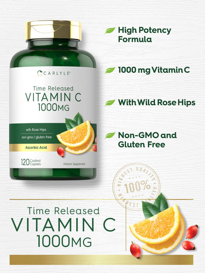Carlyle Vitamin C 1000mg | Timed Release | 120 Vegetarian Caplets | Rose Hips | Non-GMO & Gluten Free