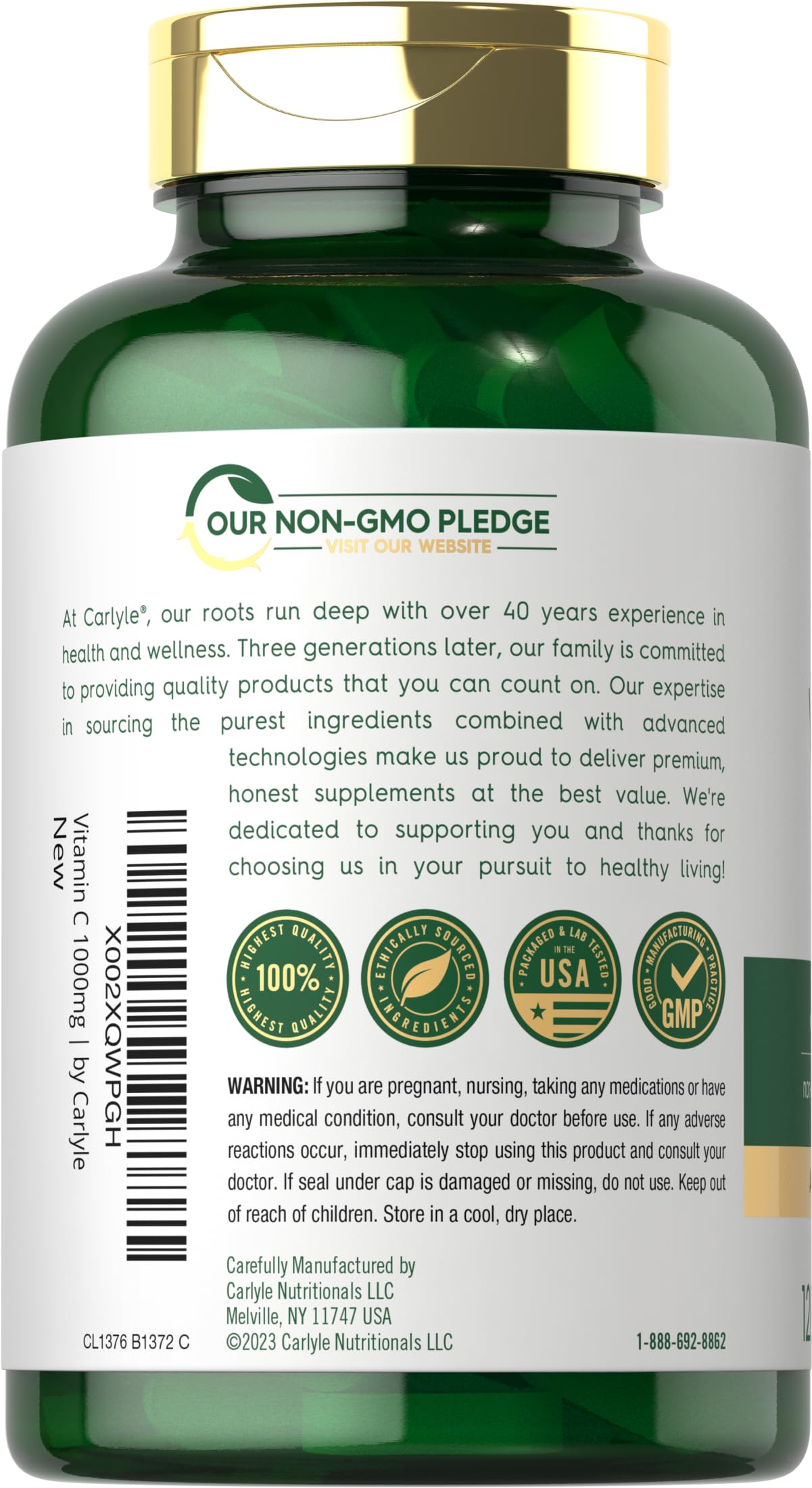 Carlyle Vitamin C 1000mg | Timed Release | 120 Vegetarian Caplets | Rose Hips | Non-GMO & Gluten Free