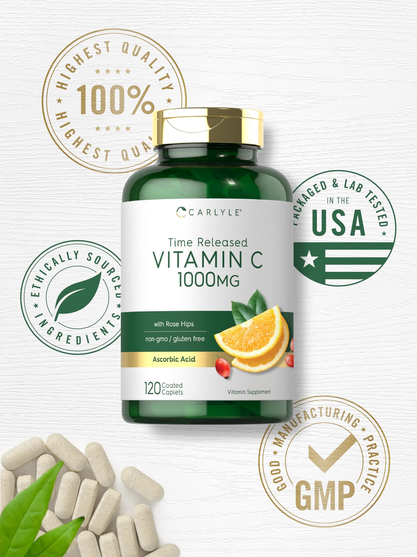 Carlyle Vitamin C 1000mg | Timed Release | 120 Vegetarian Caplets | Rose Hips | Non-GMO & Gluten Free