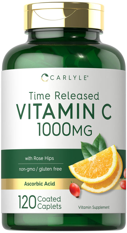 Carlyle Vitamin C 1000mg | Timed Release | 120 Vegetarian Caplets | Rose Hips | Non-GMO & Gluten Free
