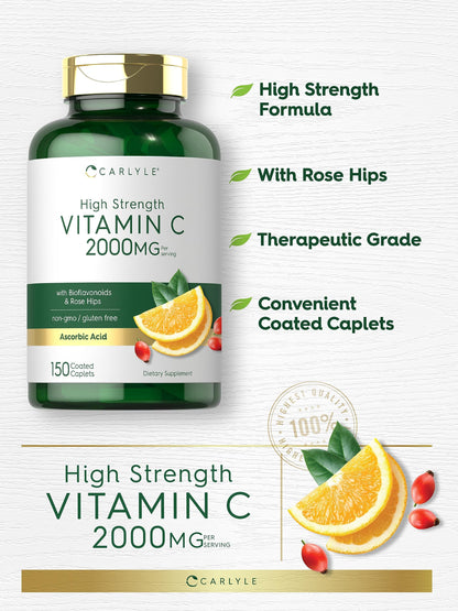Carlyle Vitamin C 2000mg with Rose Hips – 150 Caplets | Vegetarian, Non-GMO, Gluten Free