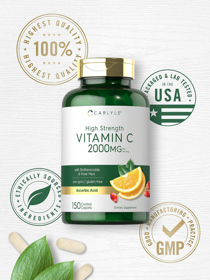 Carlyle Vitamin C 2000mg with Rose Hips – 150 Caplets | Vegetarian, Non-GMO, Gluten Free