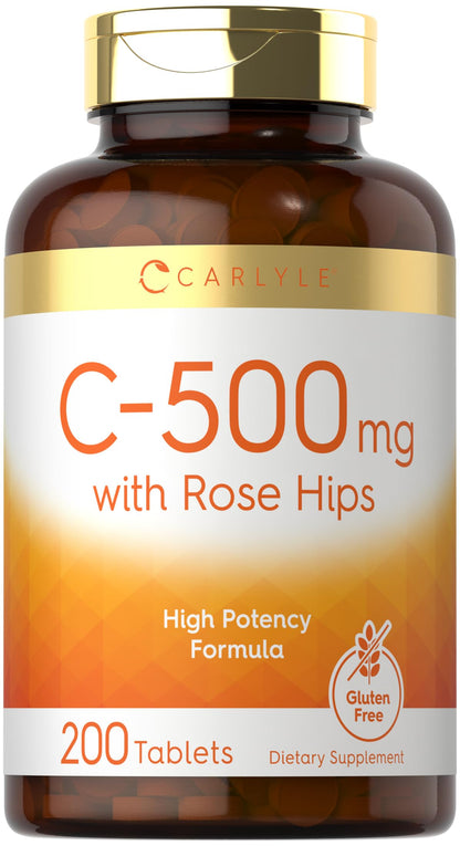 Carlyle Vitamin C 500mg with Rose Hips – 200 Tablets | Vegetarian, Non-GMO, Gluten Free