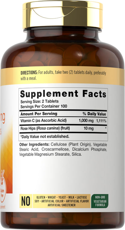 Carlyle Vitamin C 500mg with Rose Hips – 200 Tablets | Vegetarian, Non-GMO, Gluten Free