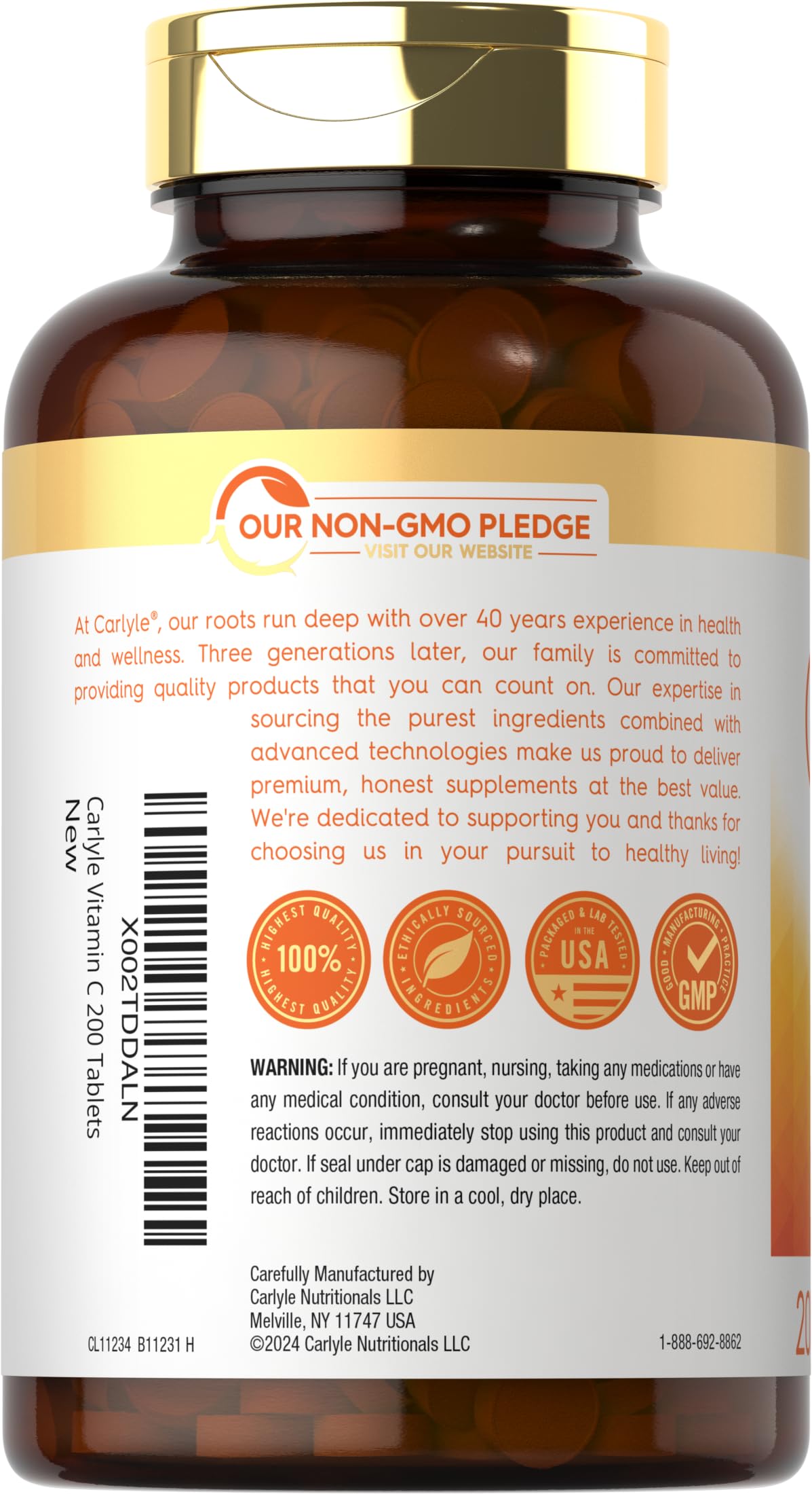 Carlyle Vitamin C 500mg with Rose Hips – 200 Tablets | Vegetarian, Non-GMO, Gluten Free