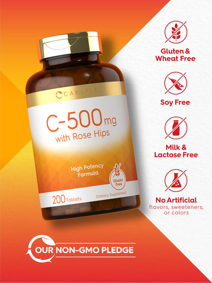 Carlyle Vitamin C 500mg with Rose Hips – 200 Tablets | Vegetarian, Non-GMO, Gluten Free