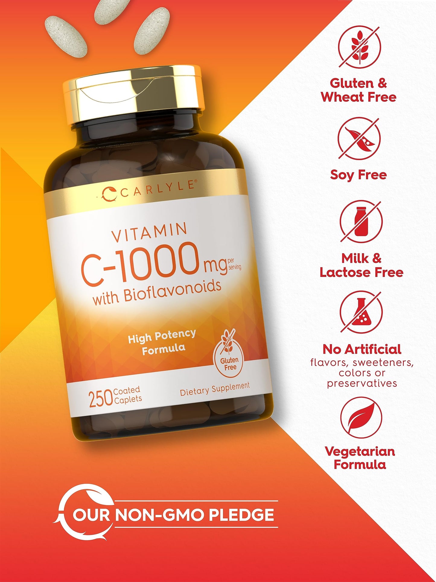 Carlyle Vitamin C 1000mg with Bioflavonoids | 250 Caplets | Vegetarian, Non-GMO, Gluten Free