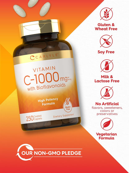 Carlyle Vitamin C 1000mg with Bioflavonoids | 250 Caplets | Vegetarian, Non-GMO, Gluten Free
