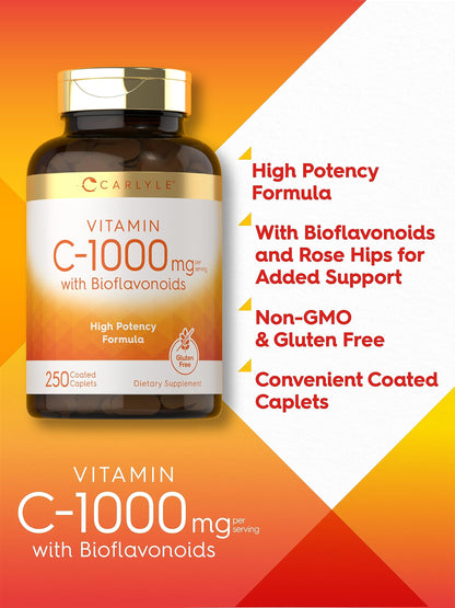 Carlyle Vitamin C 1000mg with Bioflavonoids | 250 Caplets | Vegetarian, Non-GMO, Gluten Free