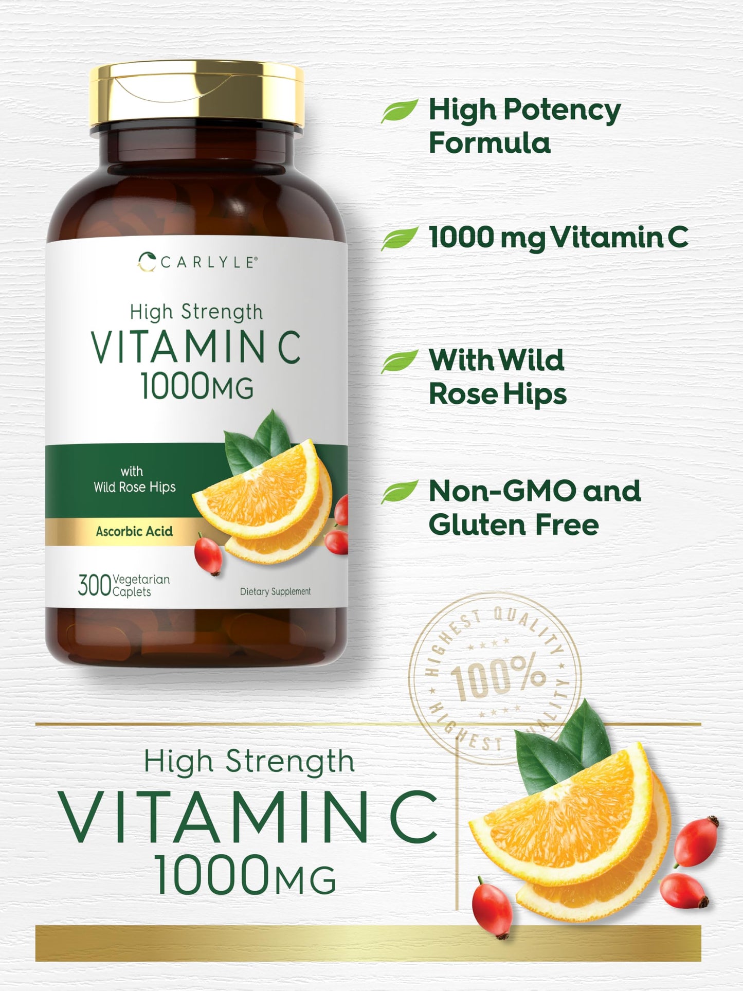 Carlyle Vitamin C 1000mg – 300 Vegetarian Caplets | High Strength, Non-GMO & Gluten Free