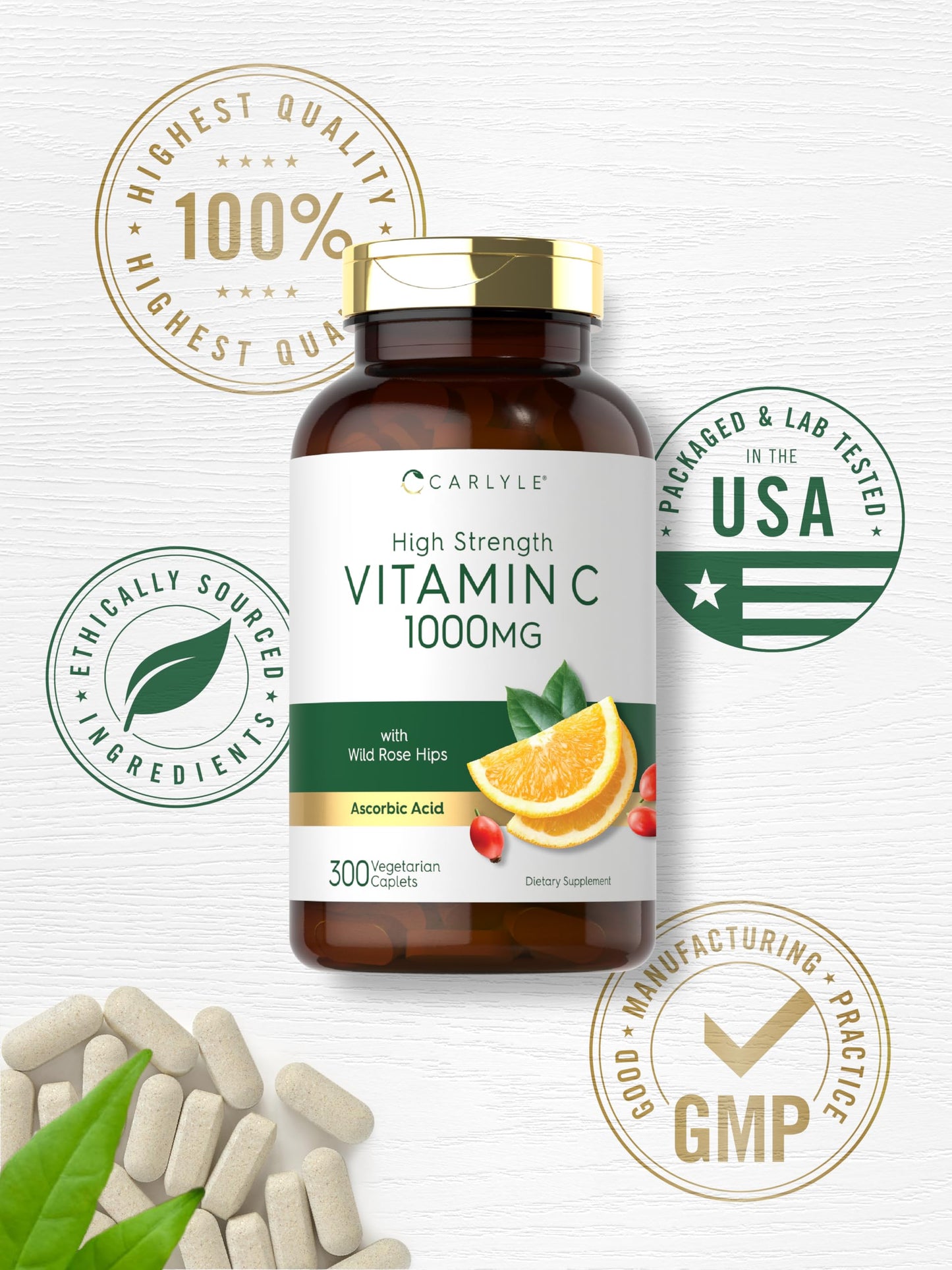 Carlyle Vitamin C 1000mg – 300 Vegetarian Caplets | High Strength, Non-GMO & Gluten Free