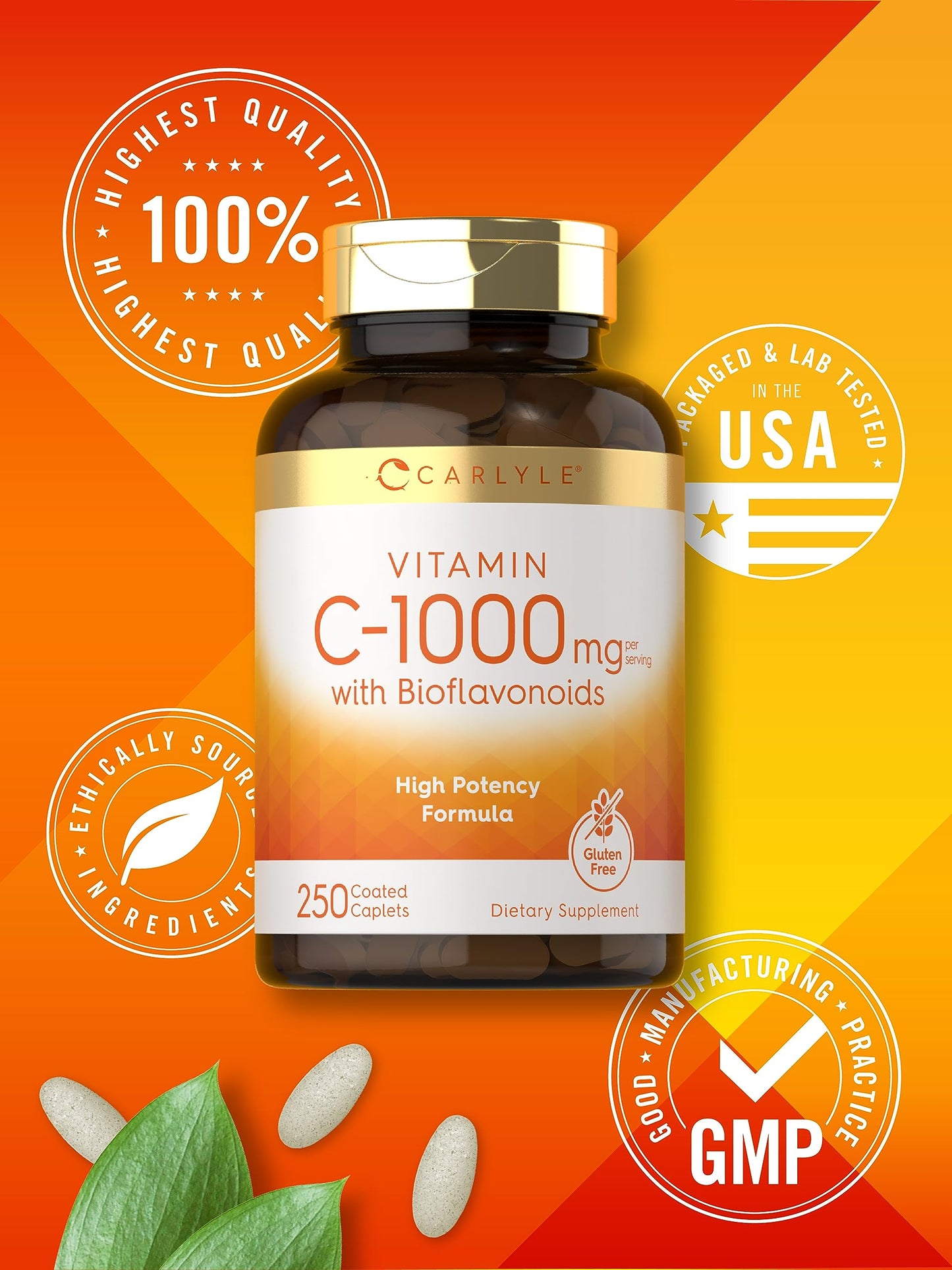 Carlyle Vitamin C 1000mg with Bioflavonoids | 250 Caplets | Vegetarian, Non-GMO, Gluten Free