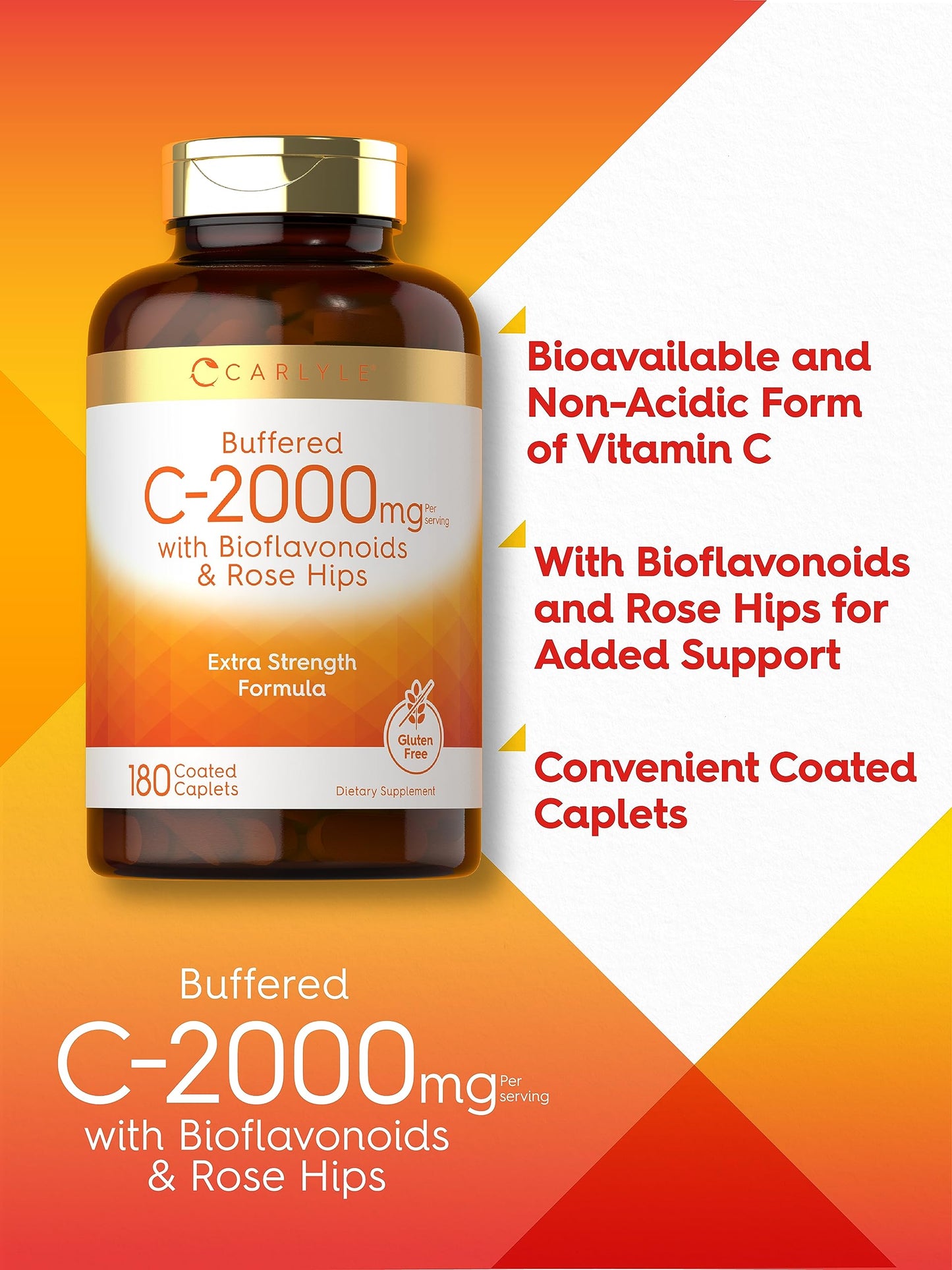 Carlyle Buffered Vitamin C 2000mg | 180 Caplets | Rose Hips & Bioflavonoids